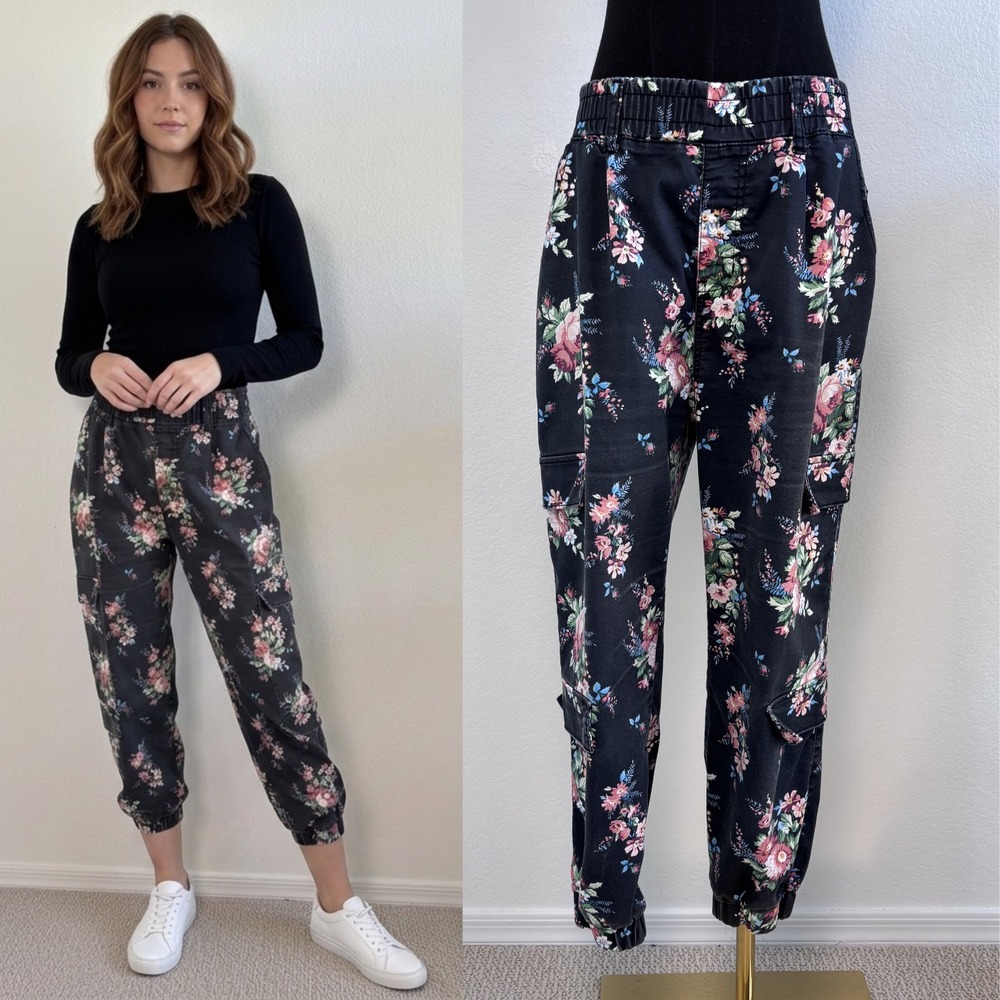 Floral Cargo Jogger Pants, Size 13 / 31, High Rise Elastic waist pull on VINTAGE